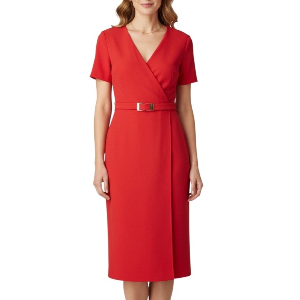 Vtg BARRIE PACE Lined SILK Belted V-Neck Red Button Surplice Dress (18) L/12